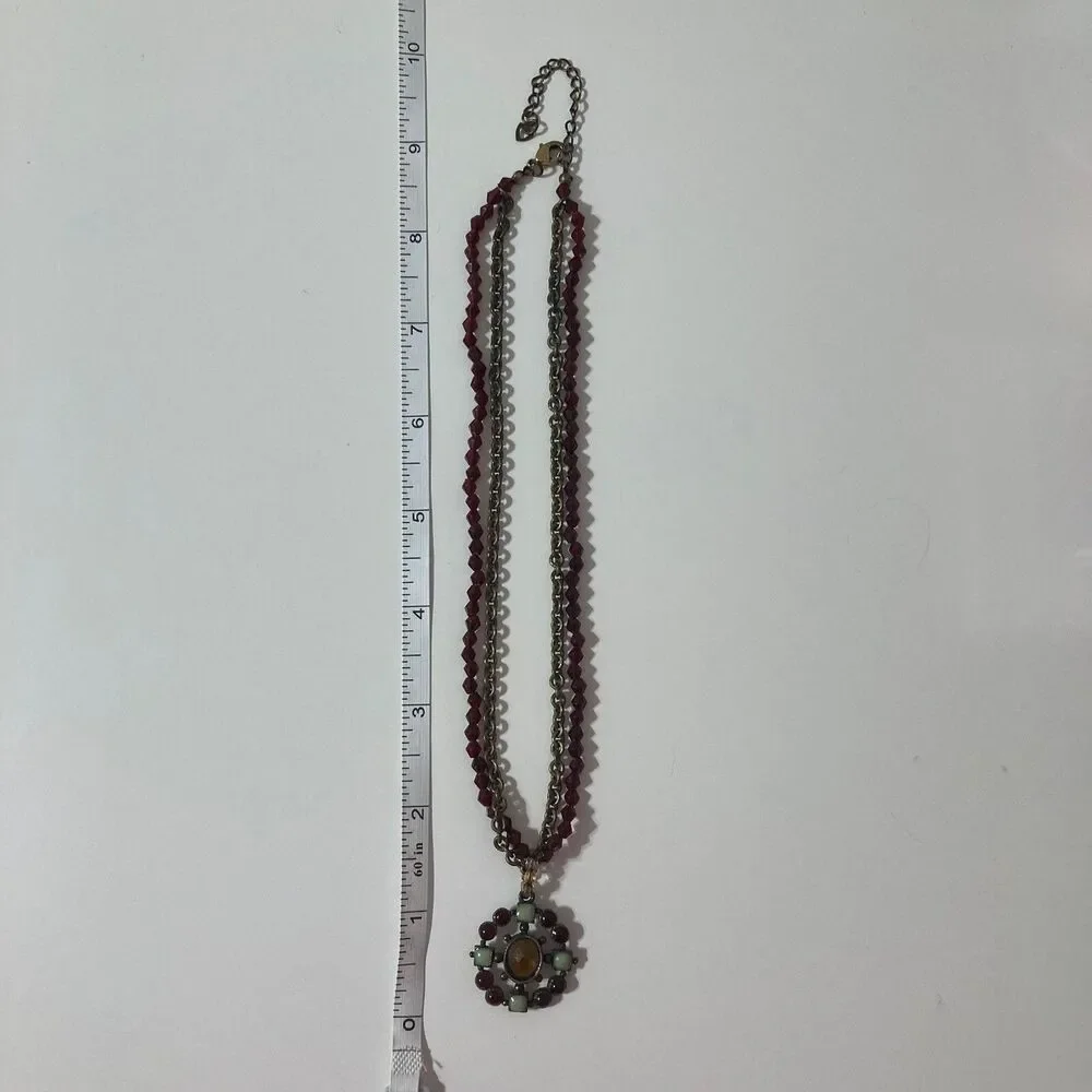 Maroon Mint Amber Bronze Tone Layered Chain Beaded Round Oval Pendant Necklace